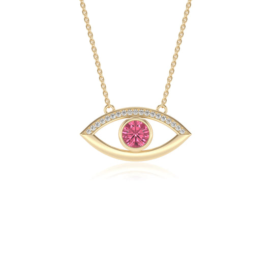 lab grown pink-tourmaline round solitaire necklaces in yellow gold