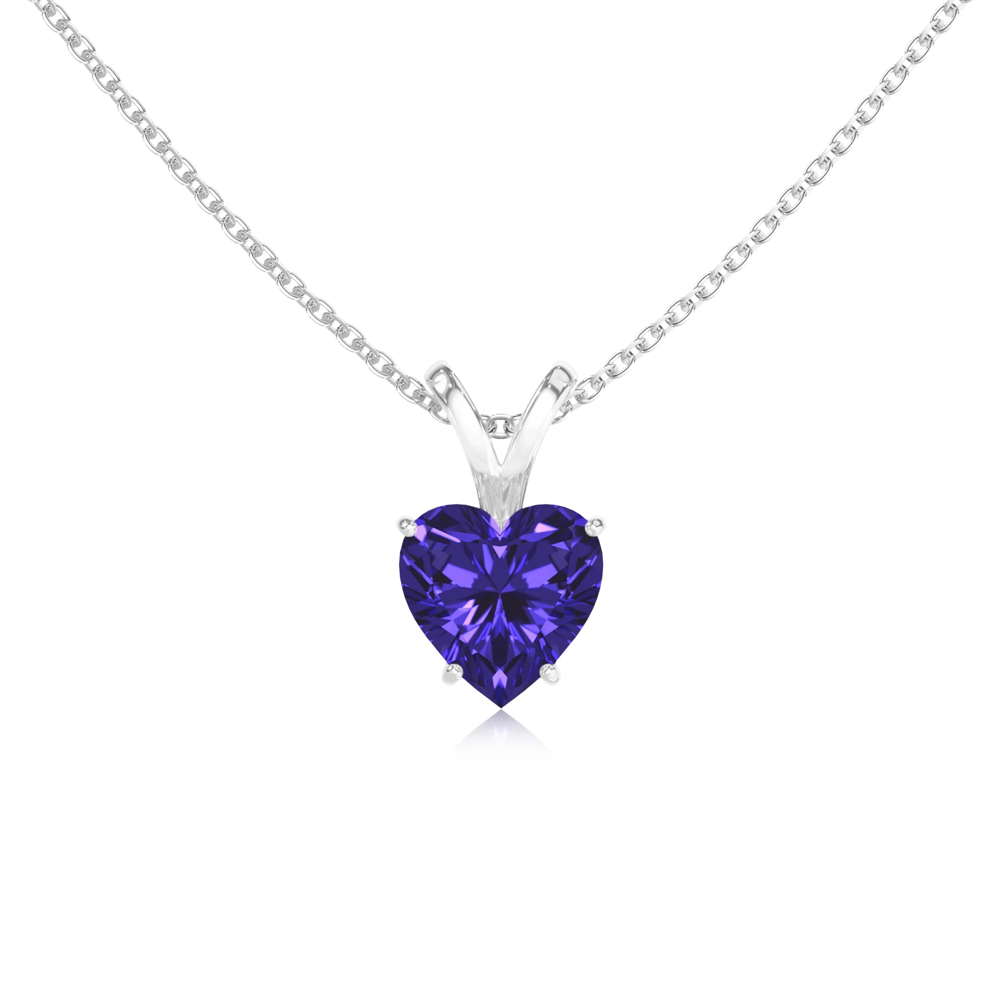 lab grown tanzanite heart solitaire v-bale necklaces in white gold
