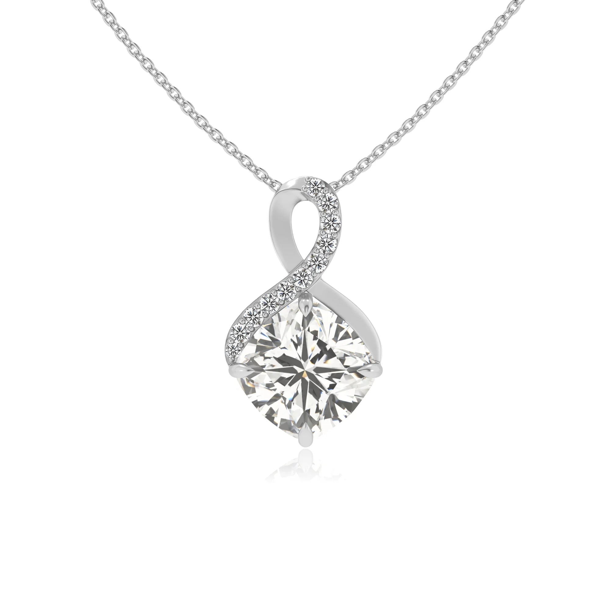 lab grown moissanite cushion infinity necklaces in sterling silver
