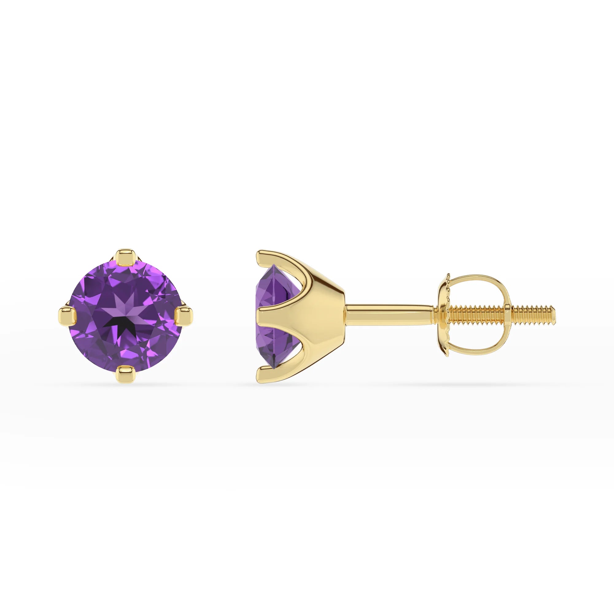 lab grown amethyst round stud earrings in yellow gold