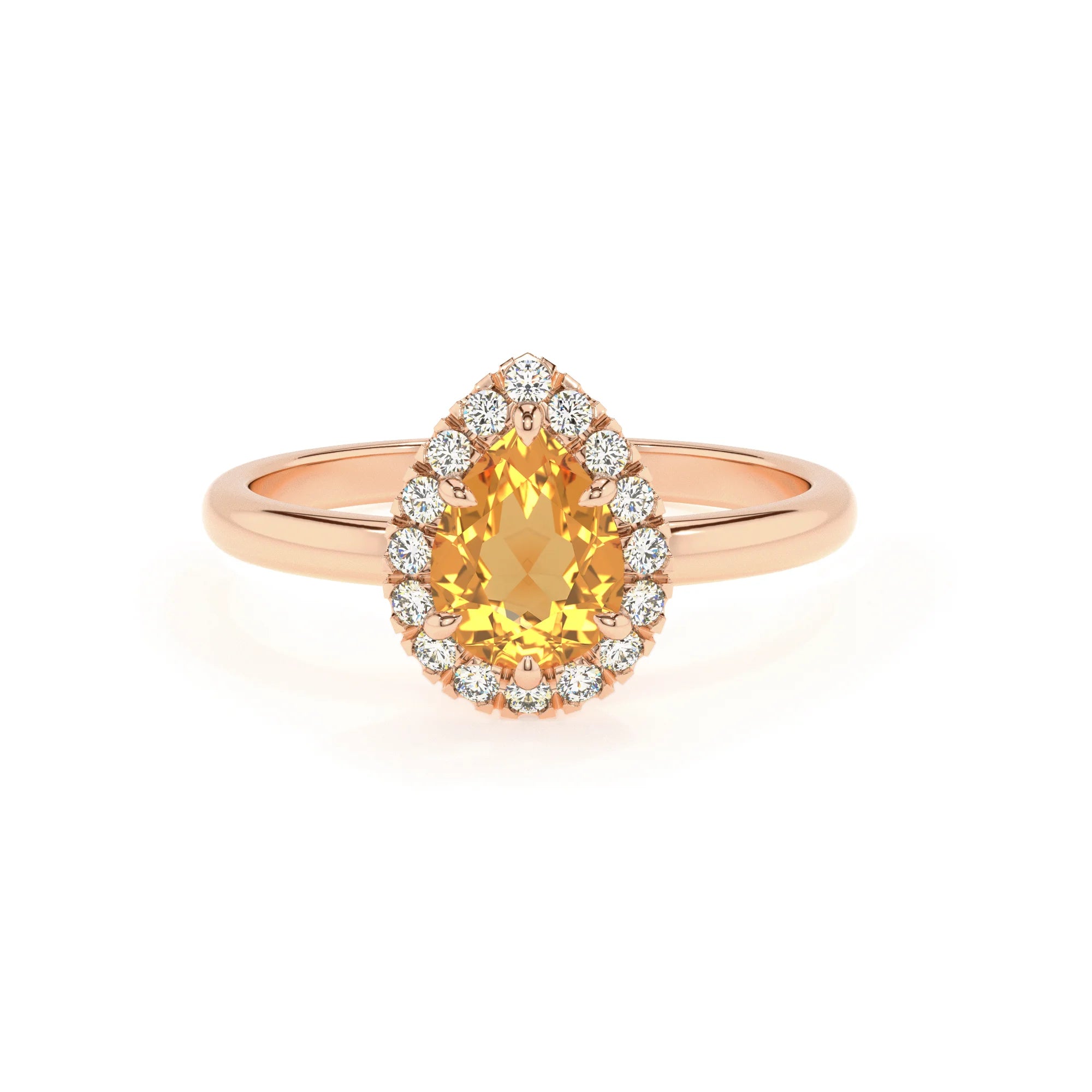 lab grown citrine pear solitaire rings in rose gold