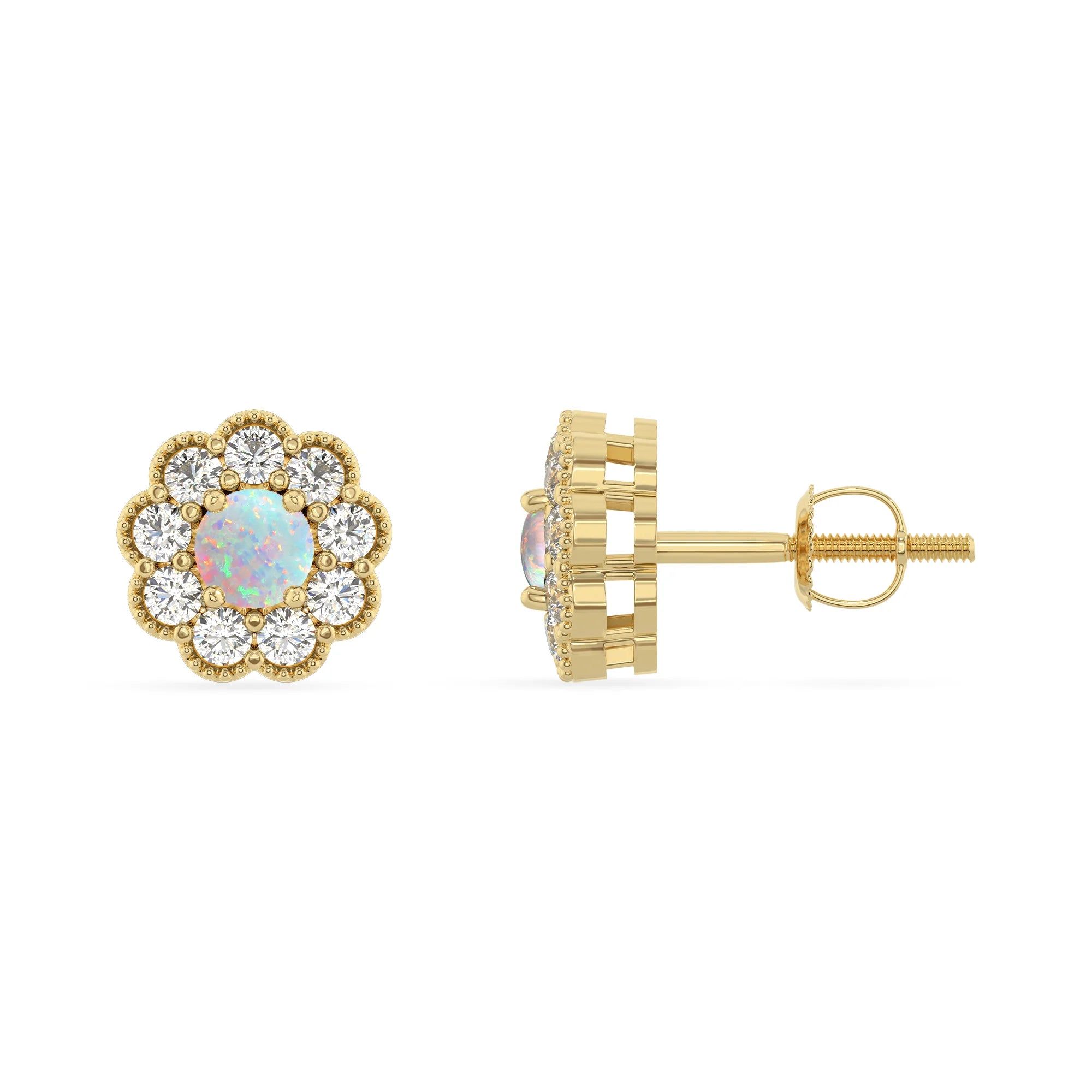 lab grown opal round stud earrings in yellow gold