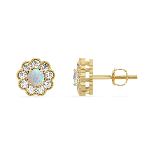 lab grown opal round stud earrings in yellow gold