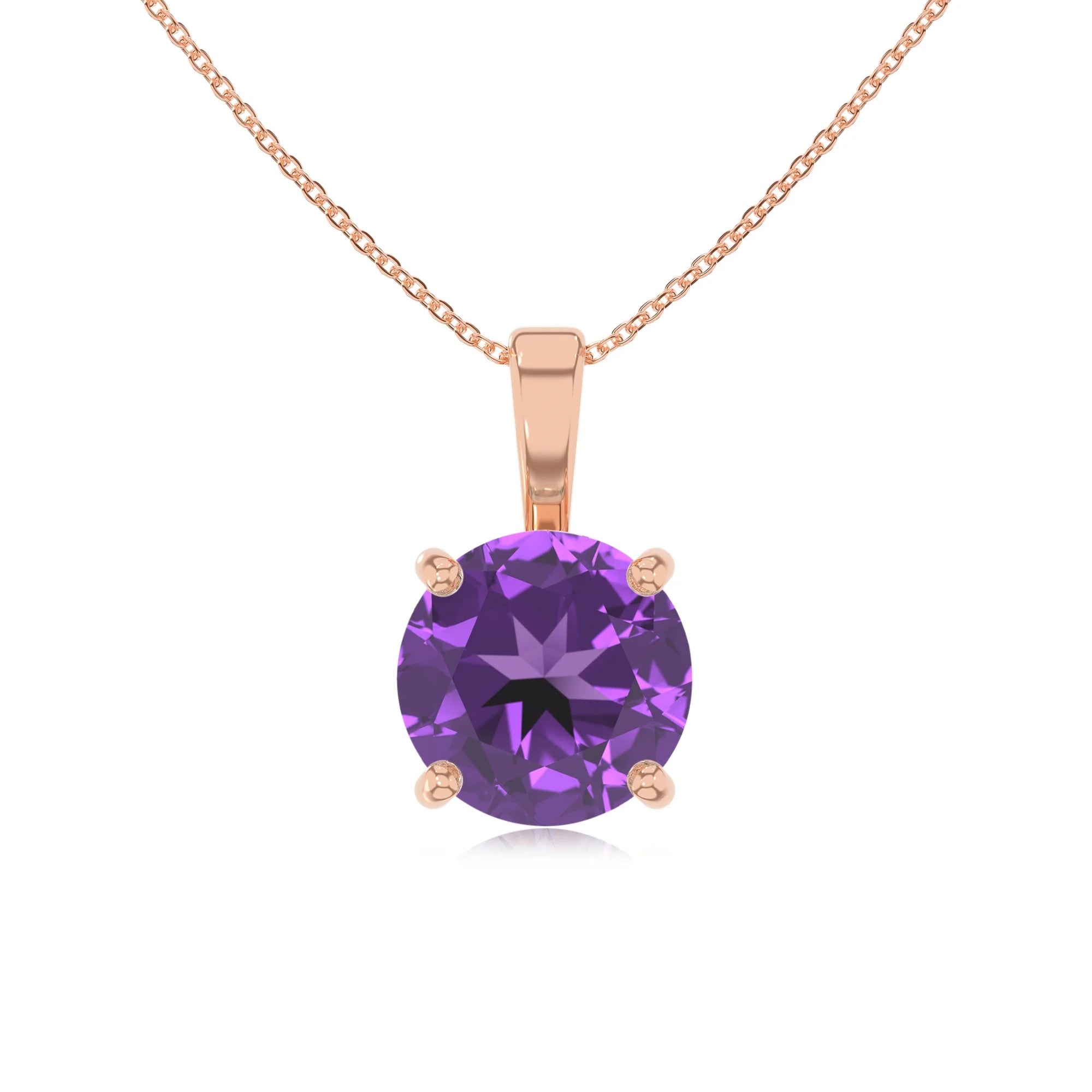 lab grown amethyst round solitaire necklaces in rose gold