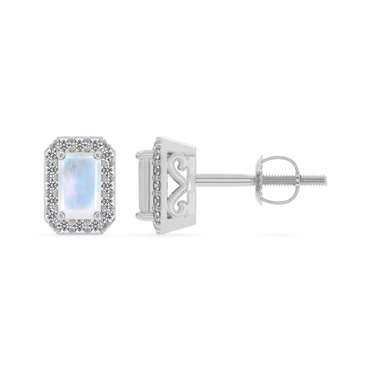 natural rainbow moonstone emerald cut stud earrings in white gold