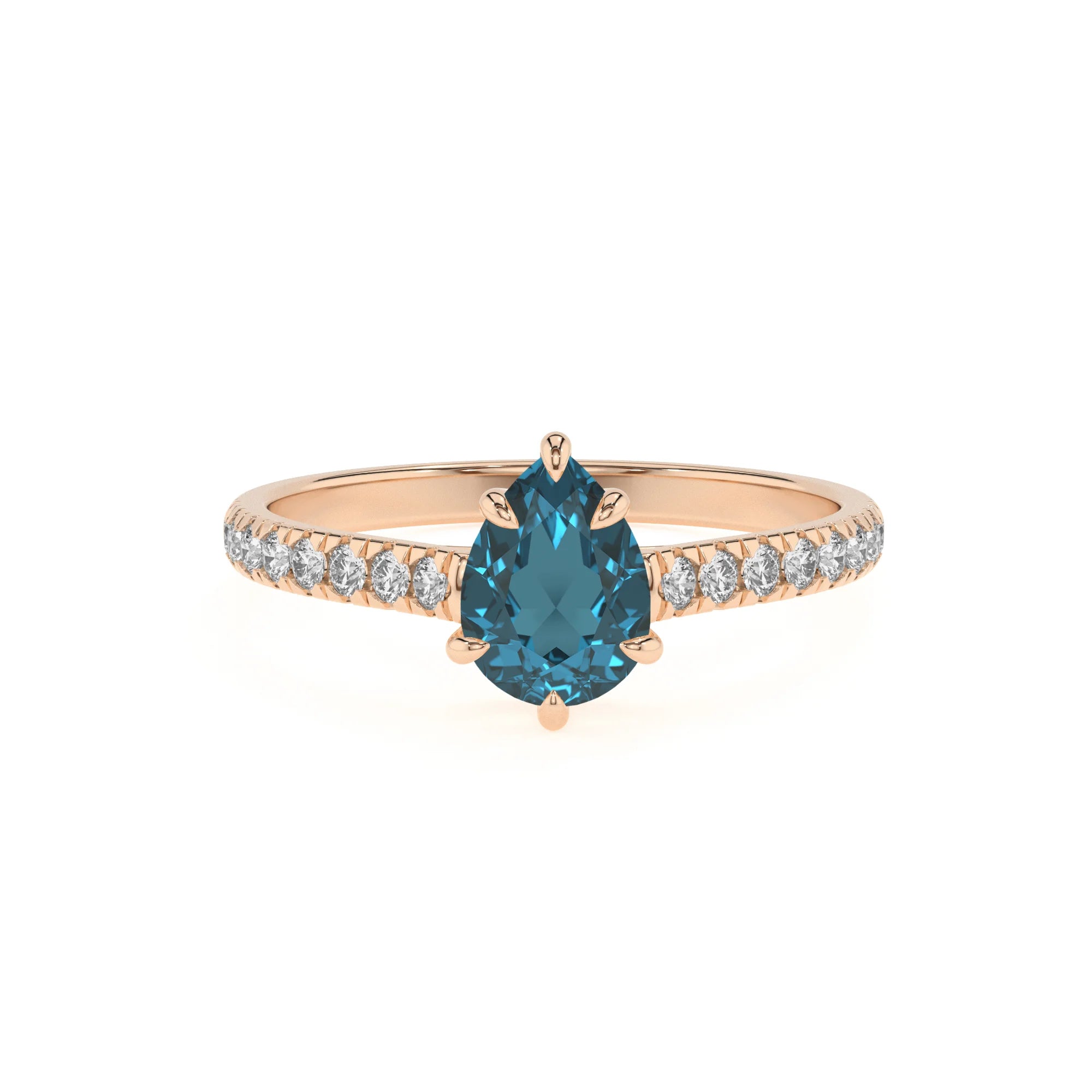 natural london-blue-topaz pear half eternity solitaire engagement rings in rose gold