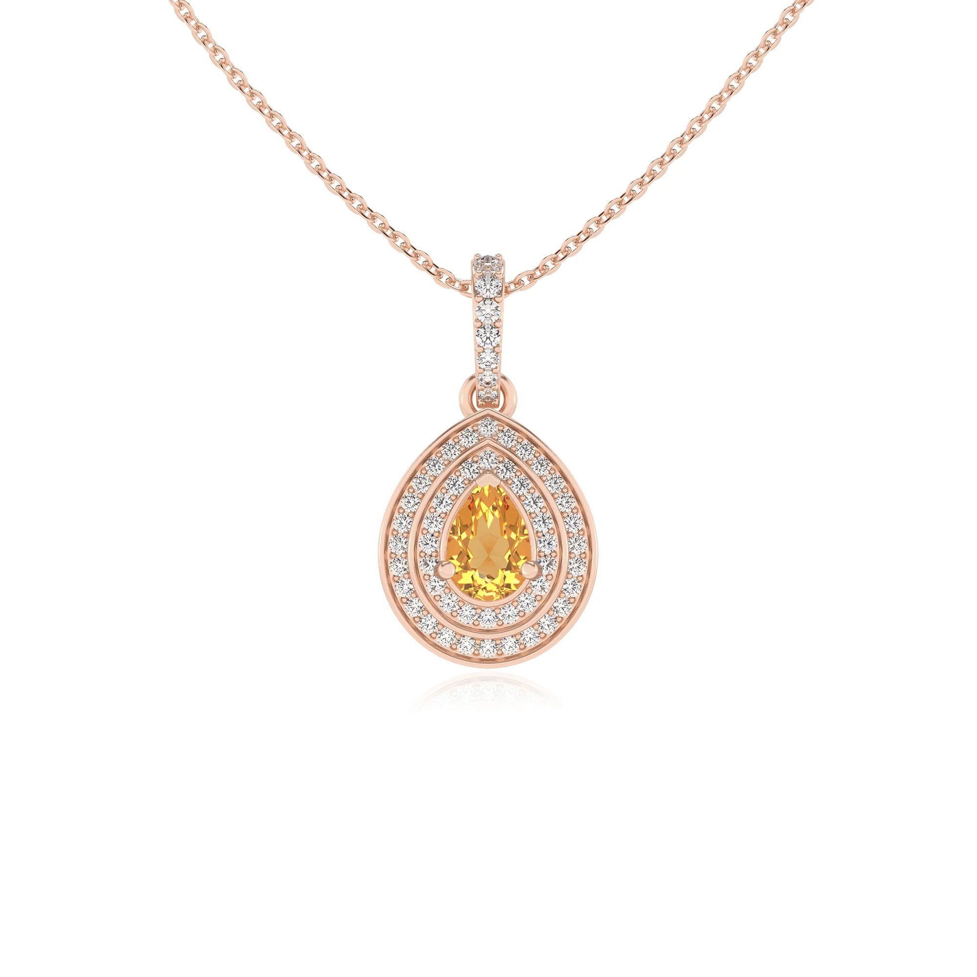 lab grown citrine pear halo necklaces in rose gold