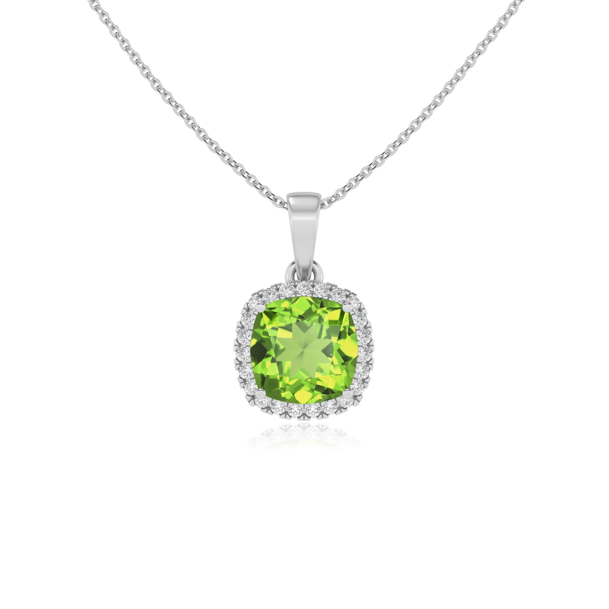 natural peridot cushion solitaire necklaces in white gold