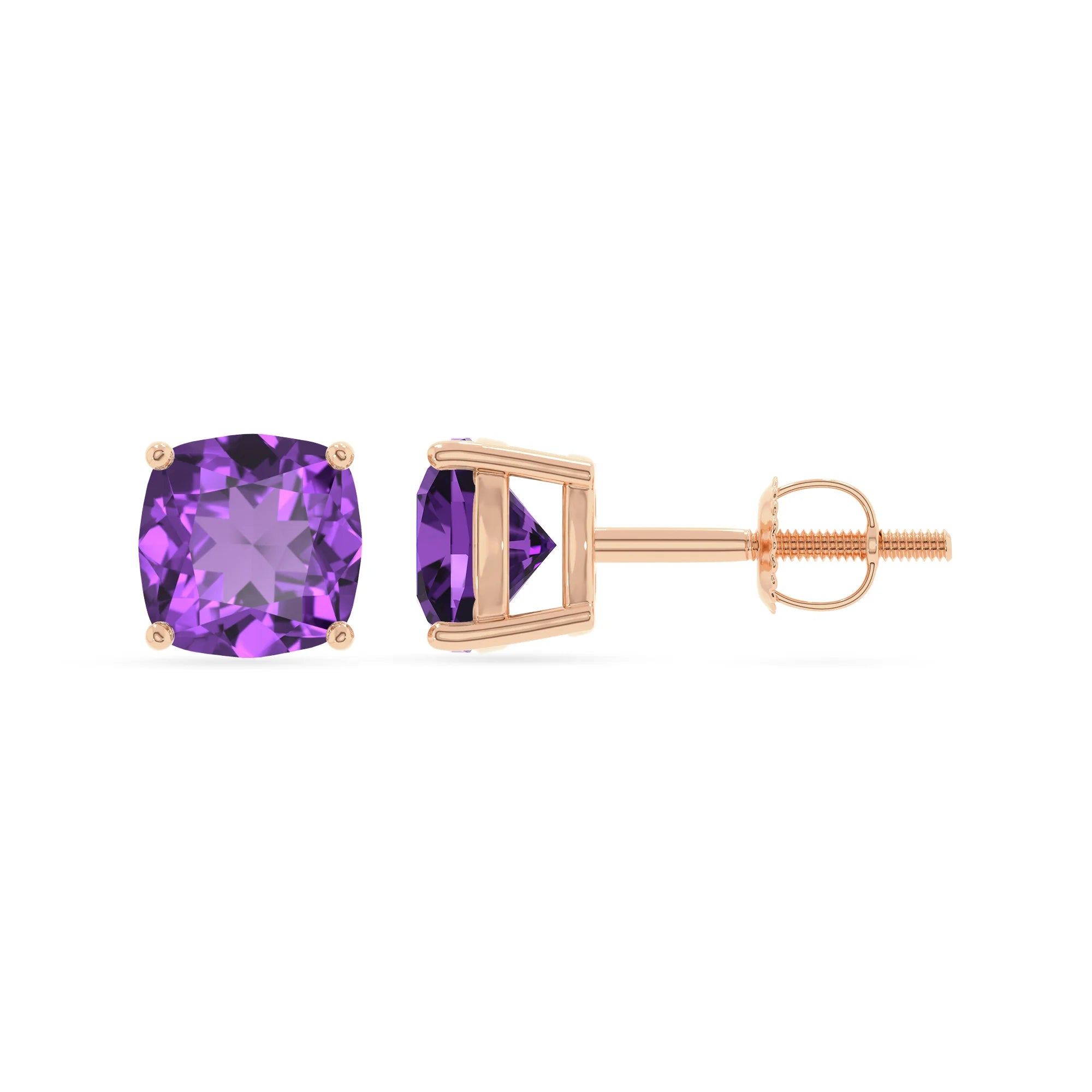 lab grown amethyst cushion stud earrings in rose gold