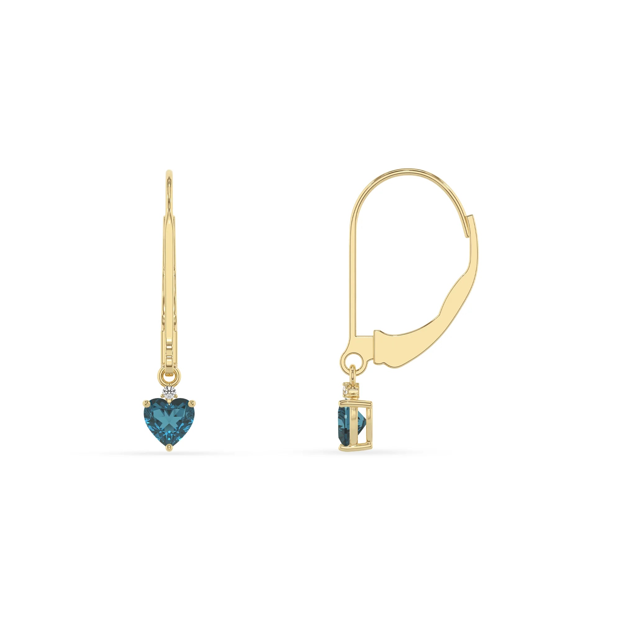 natural london blue topaz heart drop earrings in yellow gold