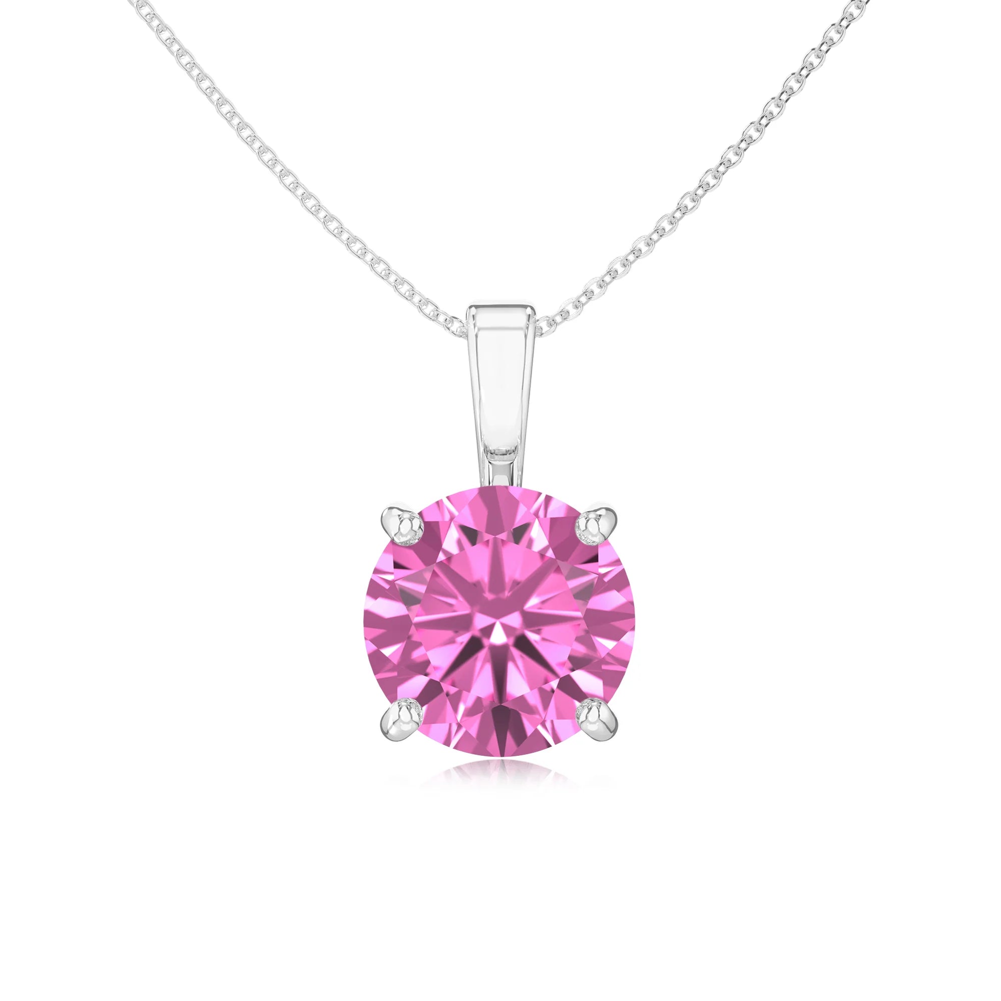 lab grown pink-sapphire round solitaire necklaces in white gold