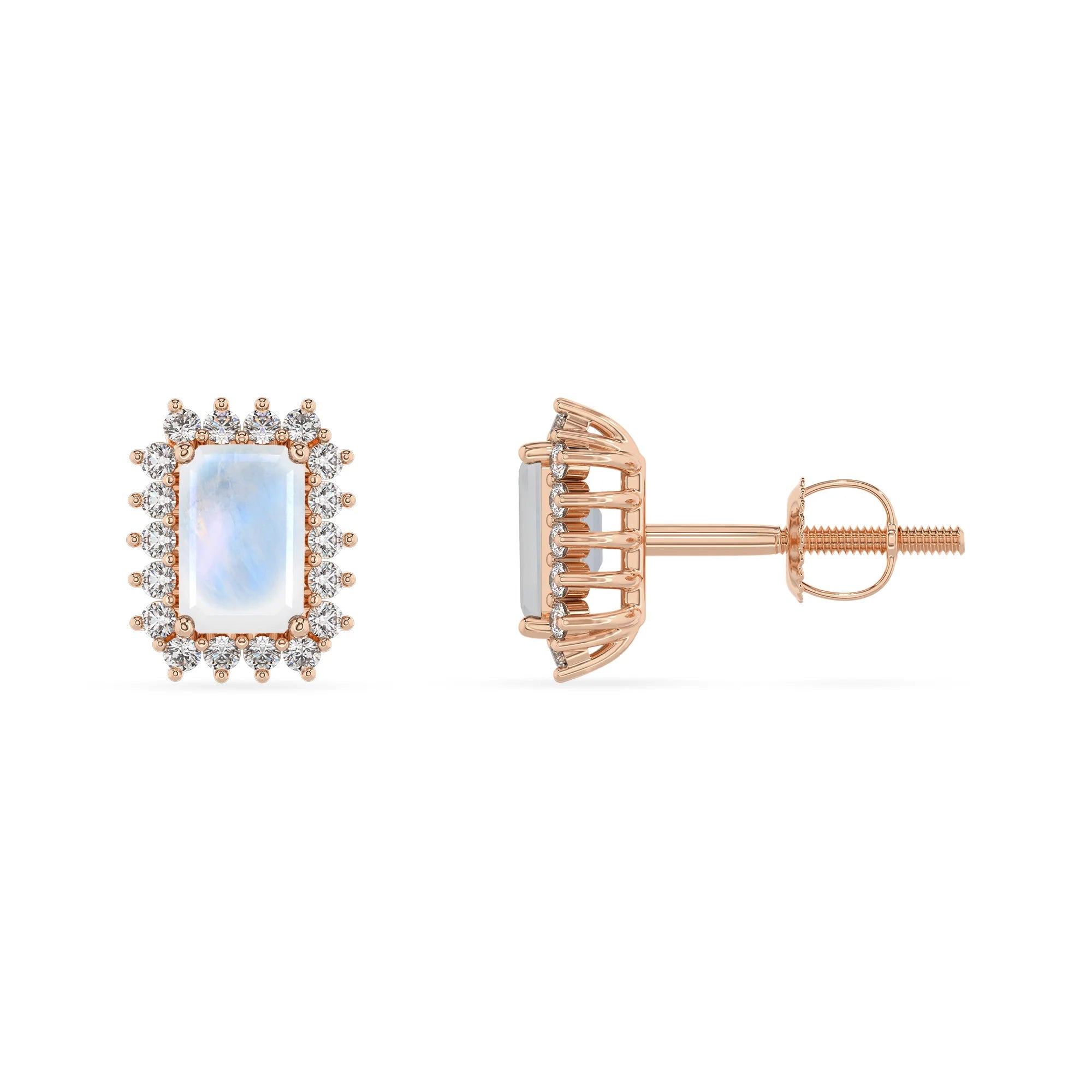 natural rainbow moonstone emerald cut stud earrings in rose gold