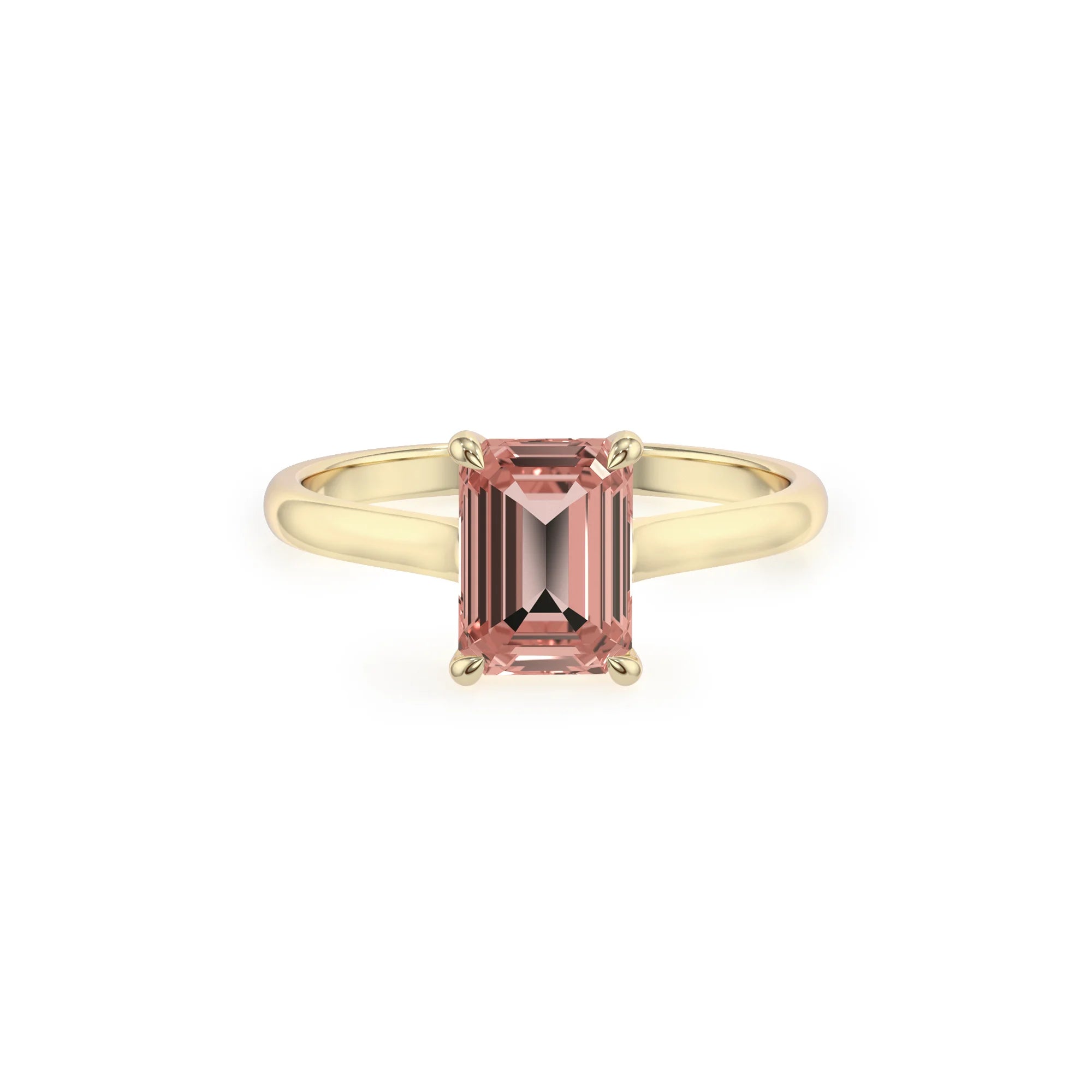 lab grown morganite emerald cut solitaire rings in yellow gold