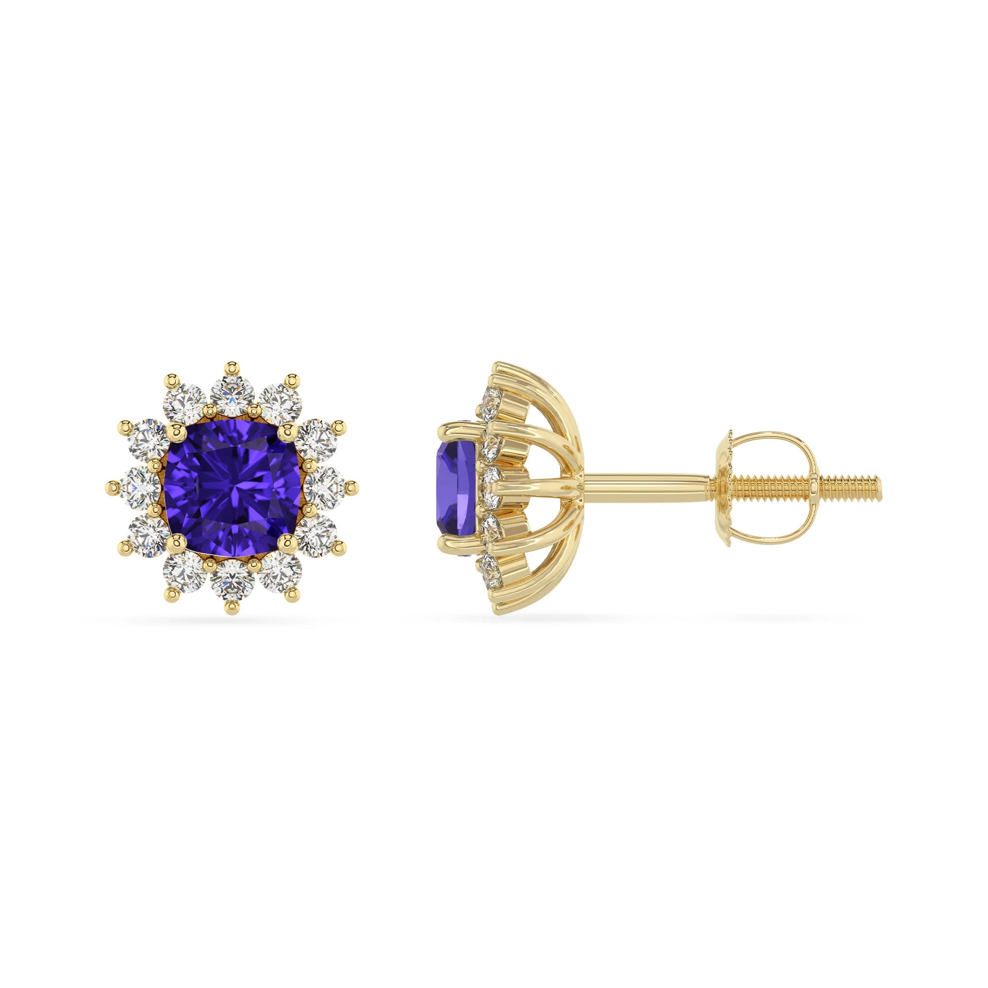 lab grown tanzanite cushion stud earrings in yellow gold