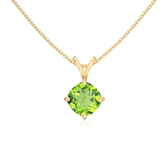 natural peridot cushion solitaire v-bale necklaces in yellow gold