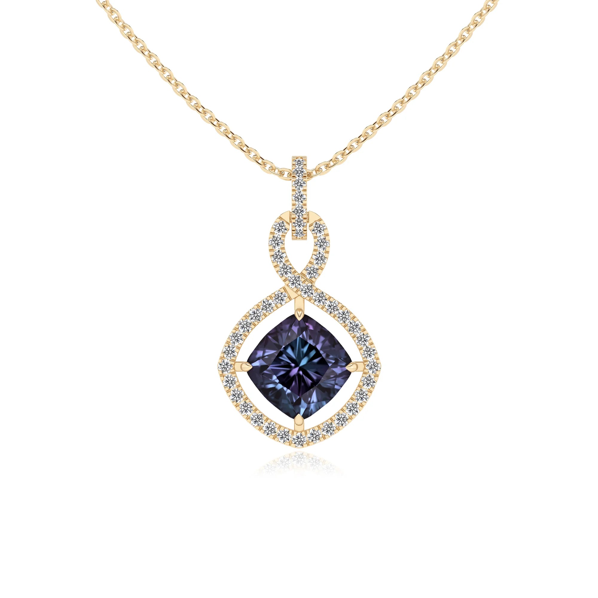 lab grown alexandrite cushion infinity necklaces in yellow gold