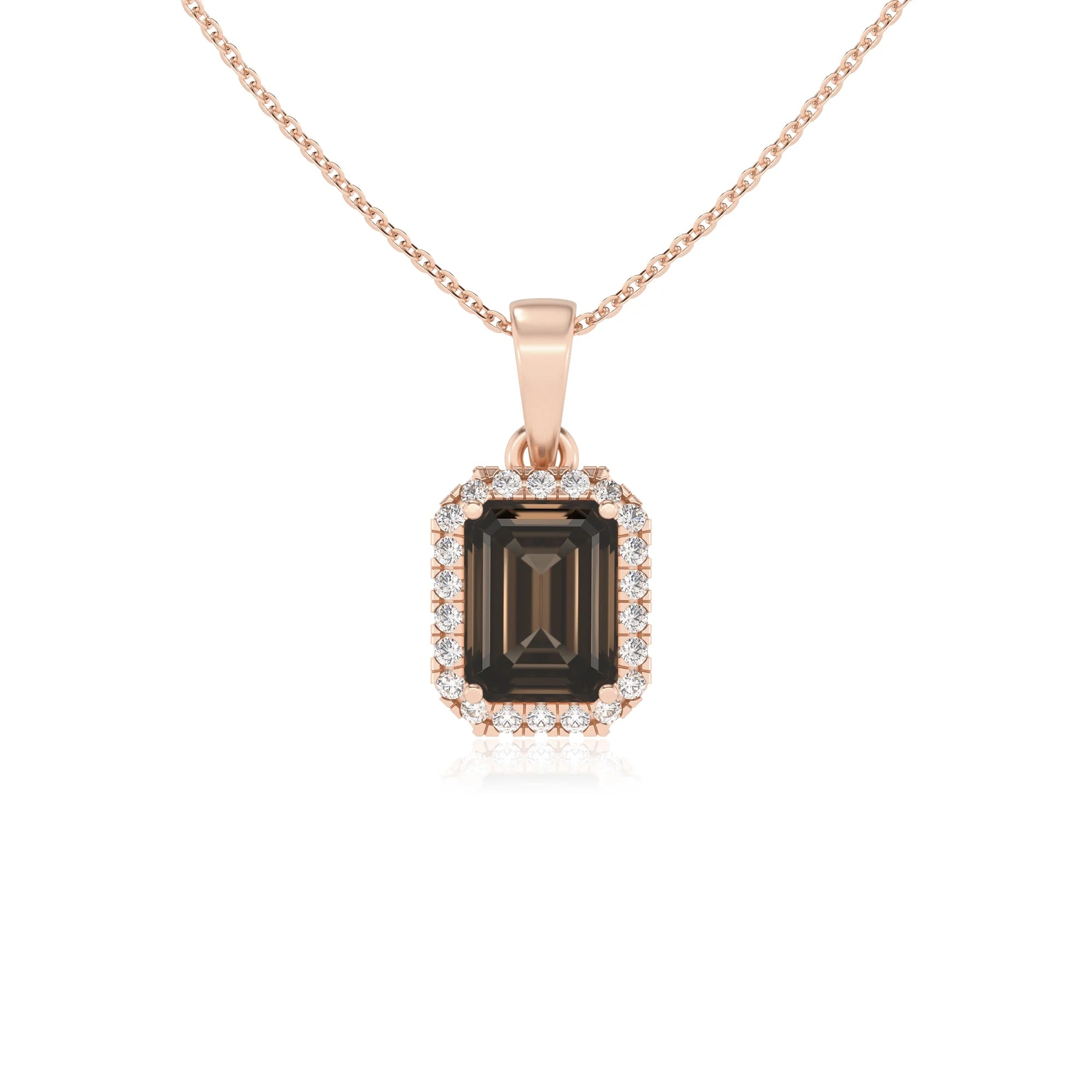 natural smoky-quartz emerald cut solitaire necklaces in rose gold