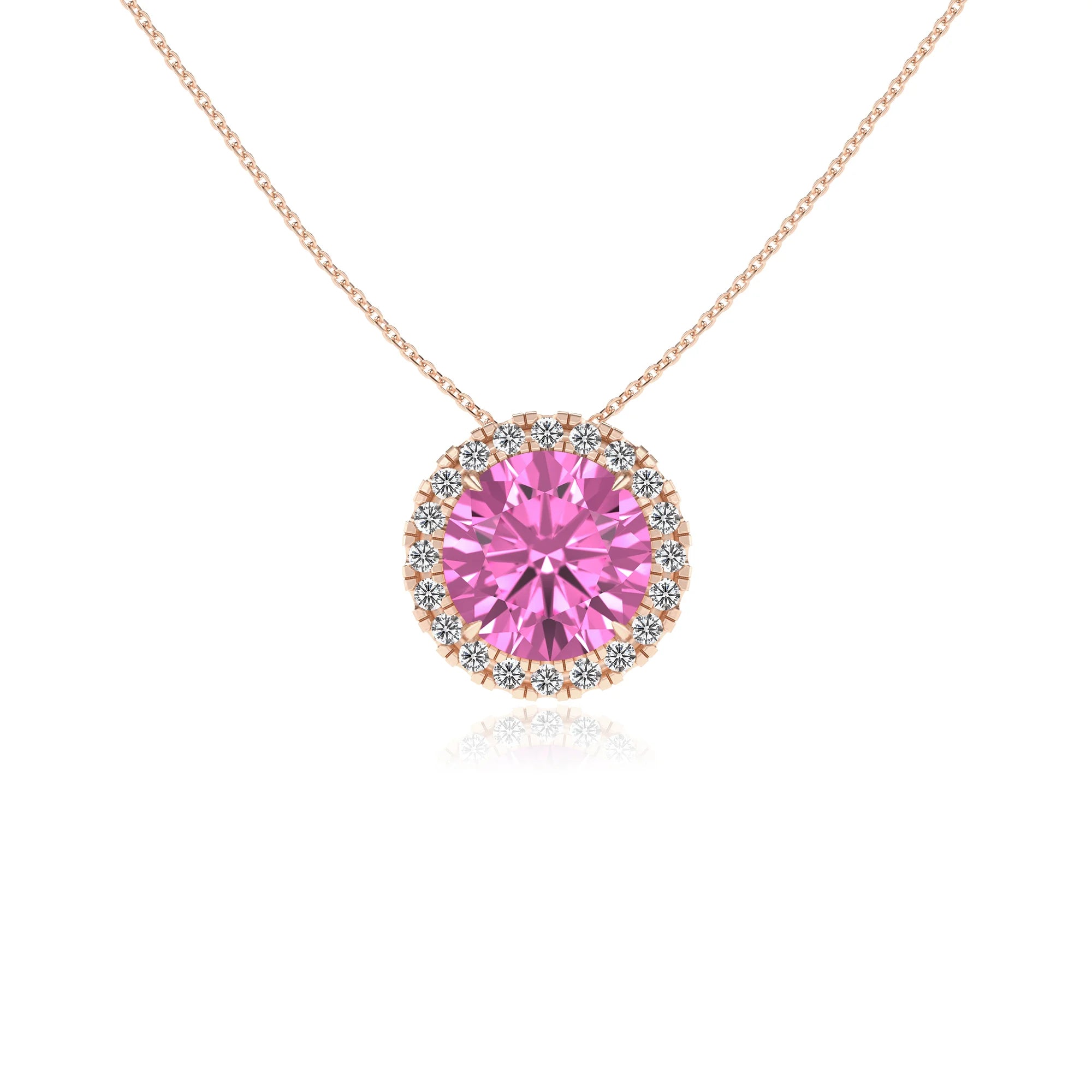 lab grown pink sapphire round solitaire necklaces in rose gold