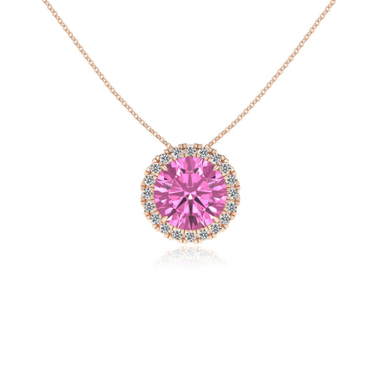 lab grown pink sapphire round solitaire necklaces in rose gold