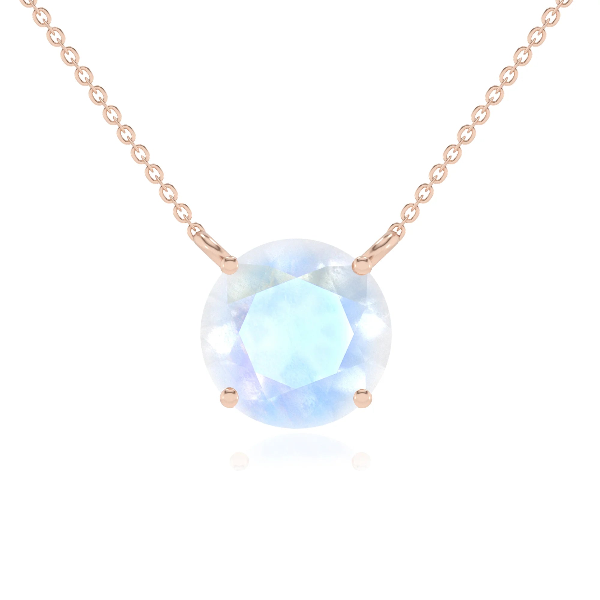 natural rainbow-moonstone round solitaire necklaces in rose gold