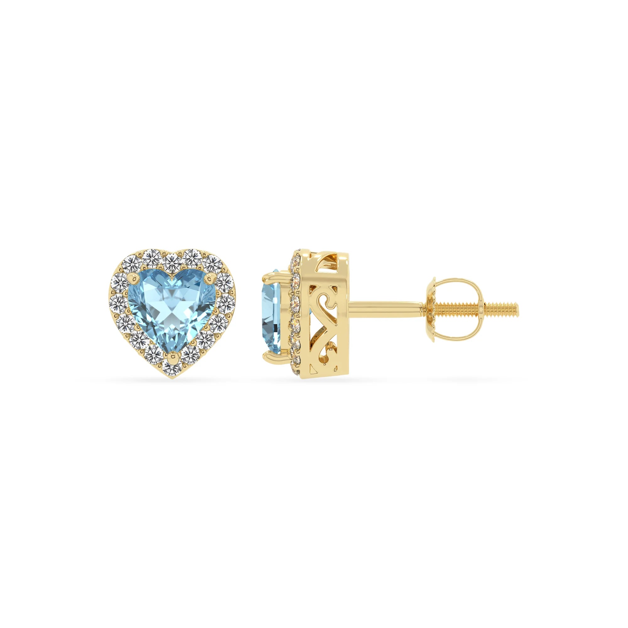 lab grown aquamarine heart stud earrings in yellow gold