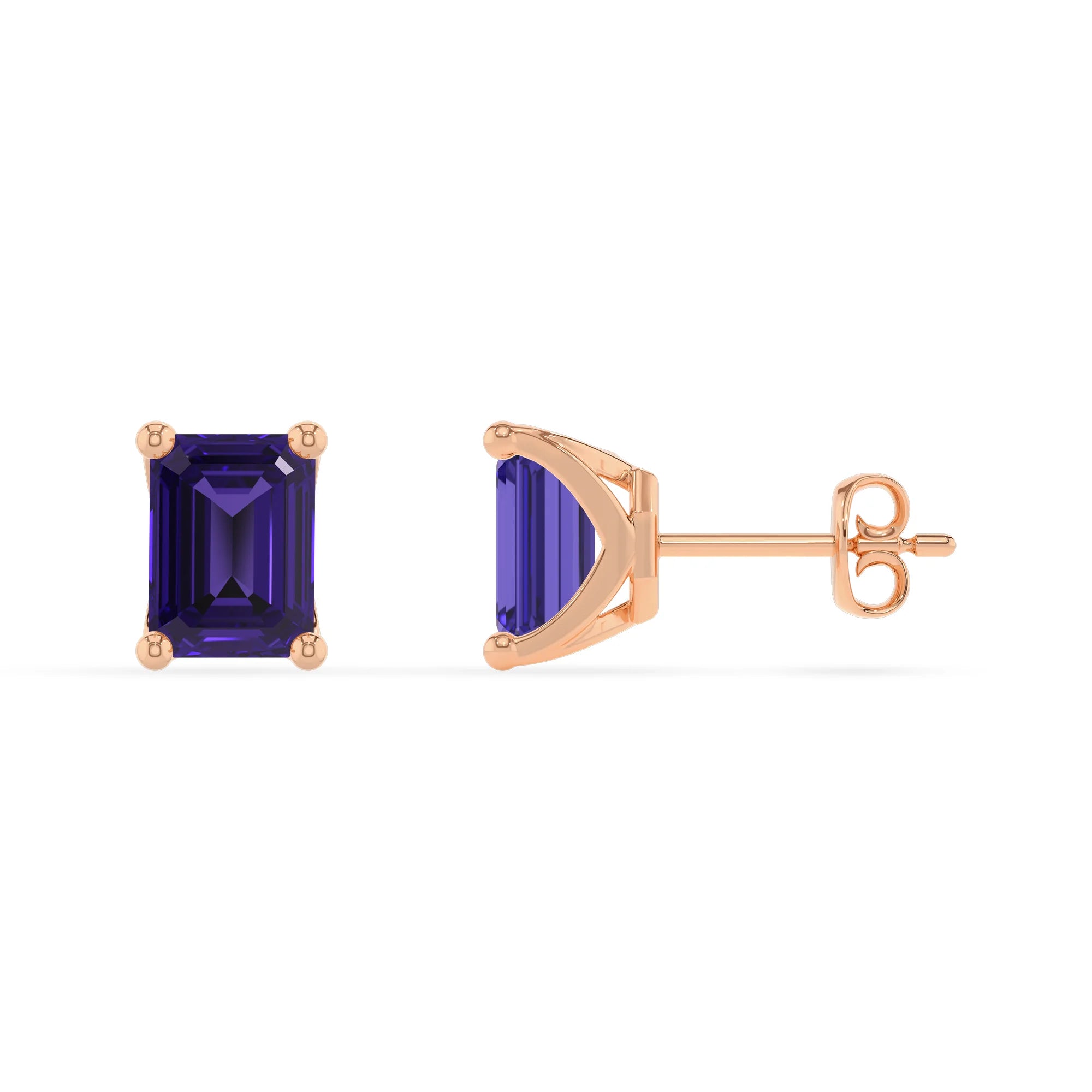 lab grown tanzanite emerald cut stud earrings in rose gold
