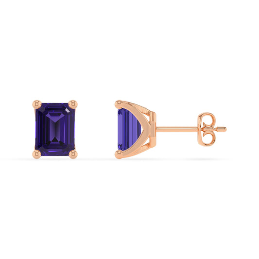 lab grown tanzanite emerald cut stud earrings in rose gold