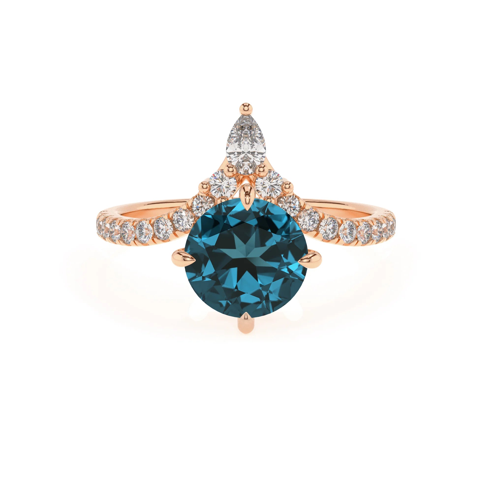 natural london-blue-topaz round solitaire rings in rose gold