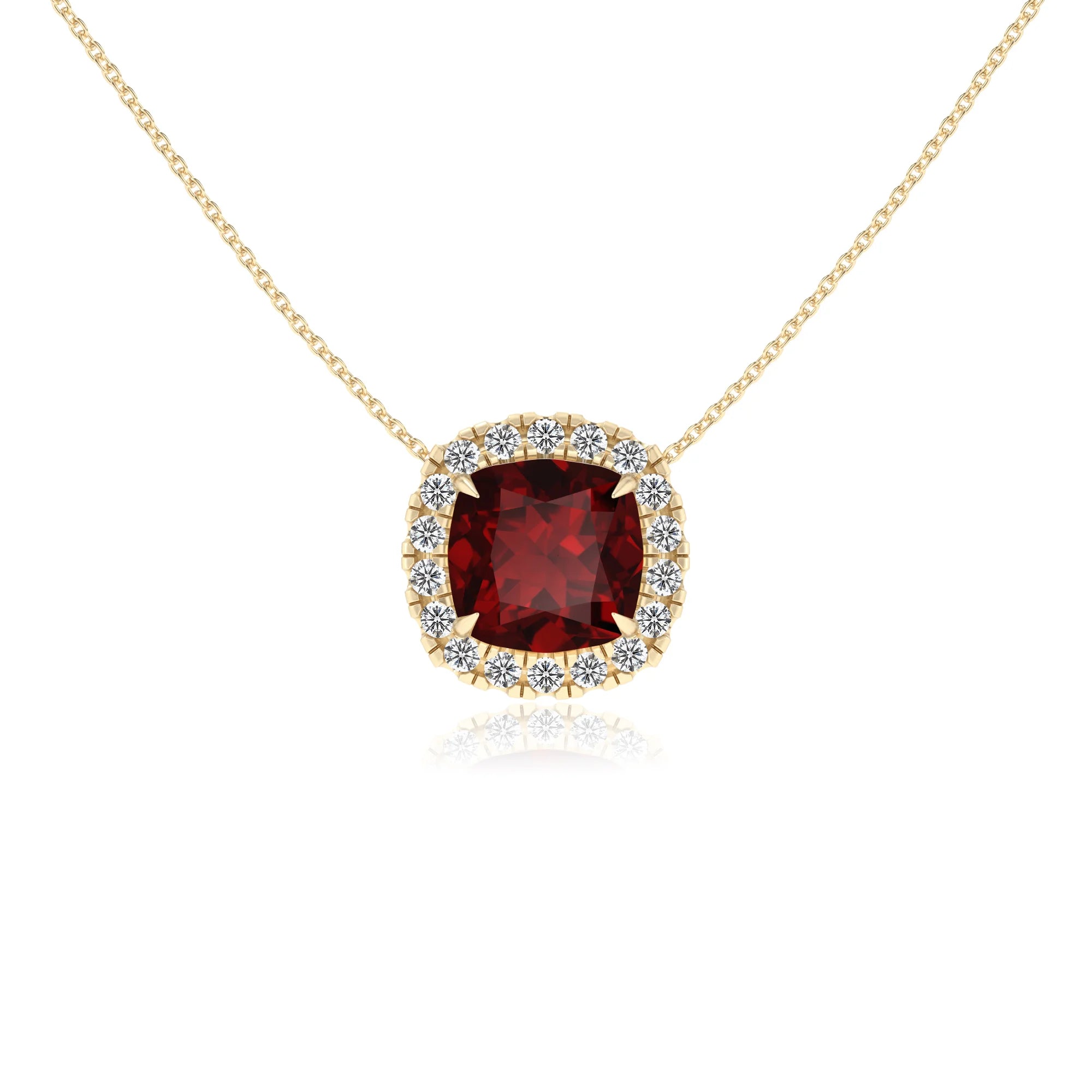 natural garnet cushion solitaire necklaces in yellow gold