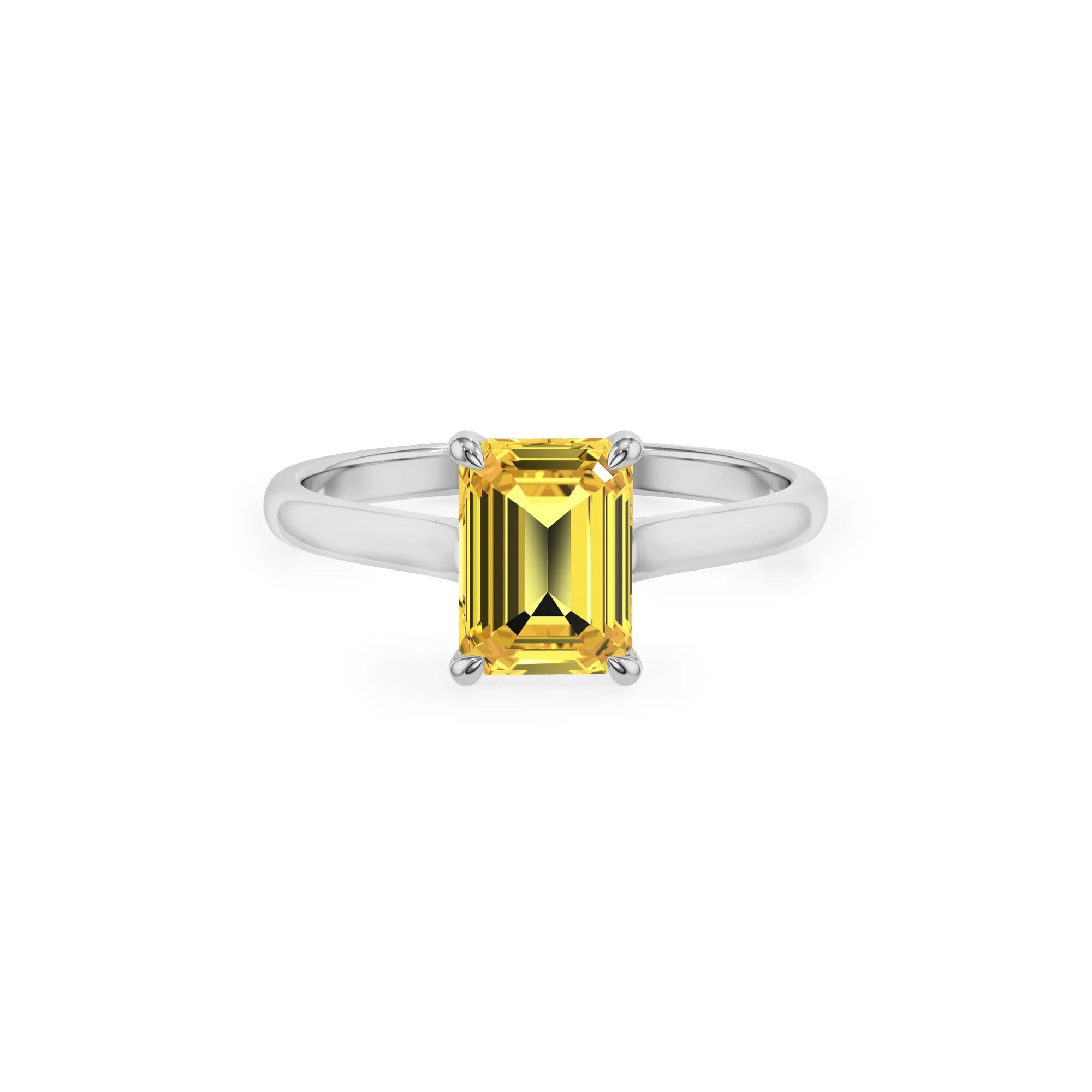 lab grown yellow-sapphire emerald cut solitaire rings in sterling silver