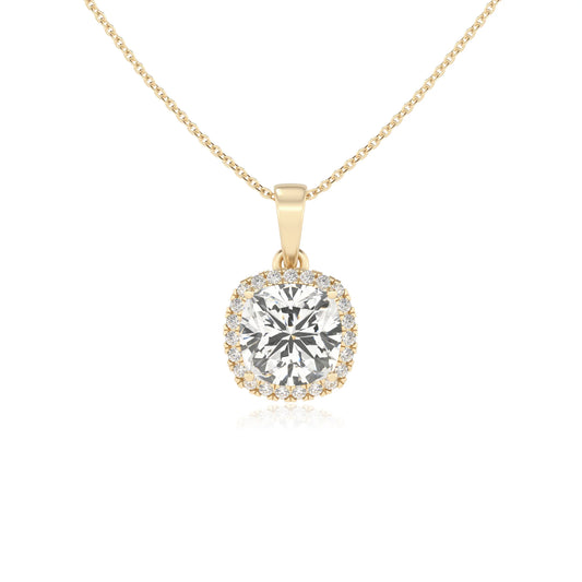 lab grown moissanite cushion solitaire necklaces in yellow gold