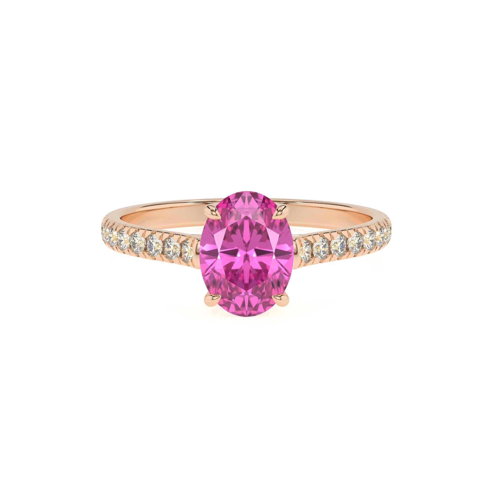 lab grown pink-sapphire oval half eternity solitaire engagement rings in rose gold