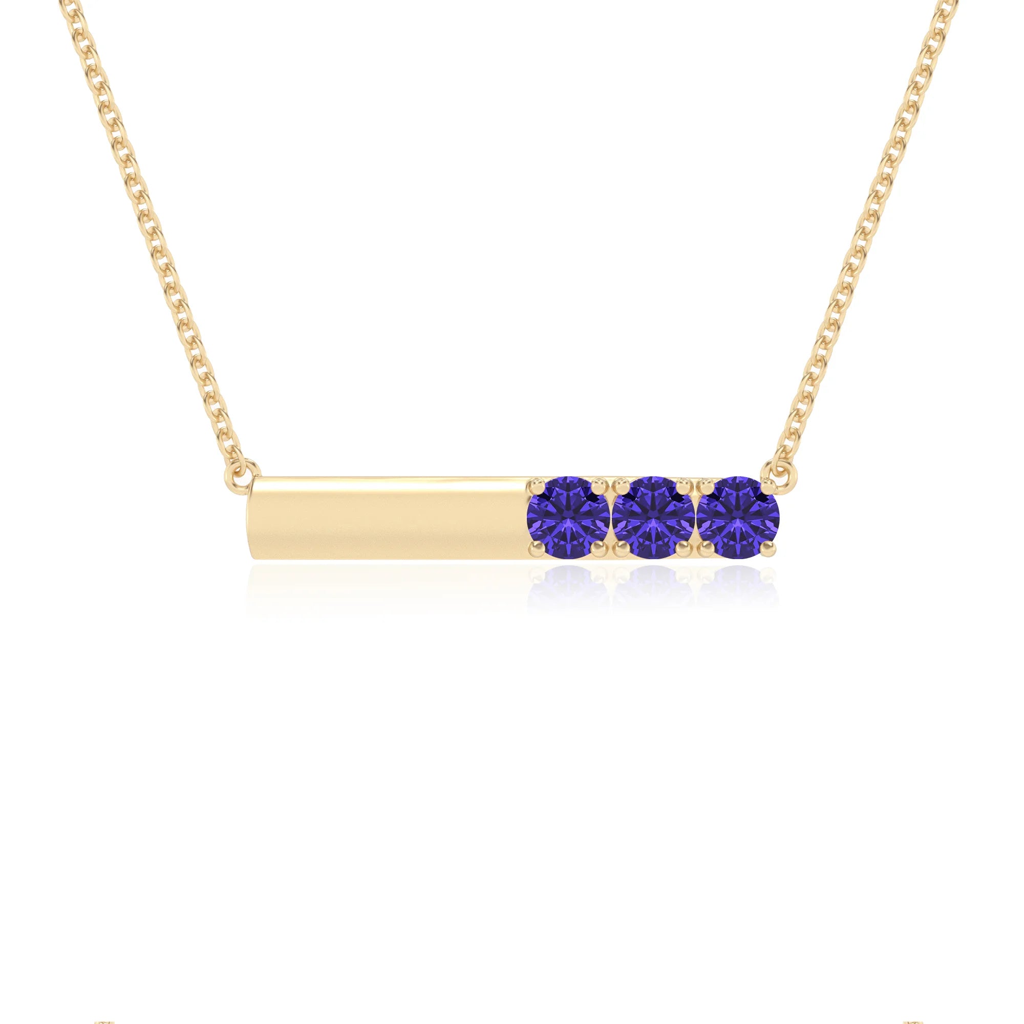 lab grown tanzanite round bar v-bale necklaces in yellow gold
