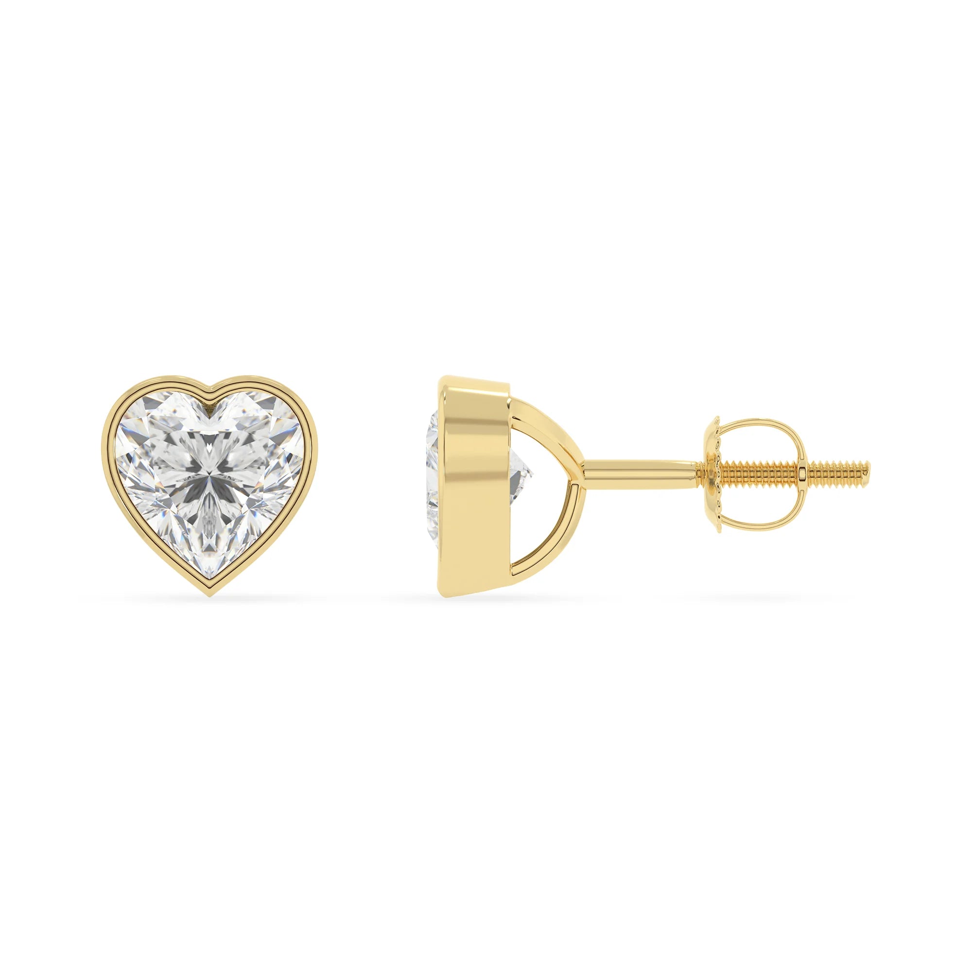lab grown moissanite heart stud earrings in yellow gold