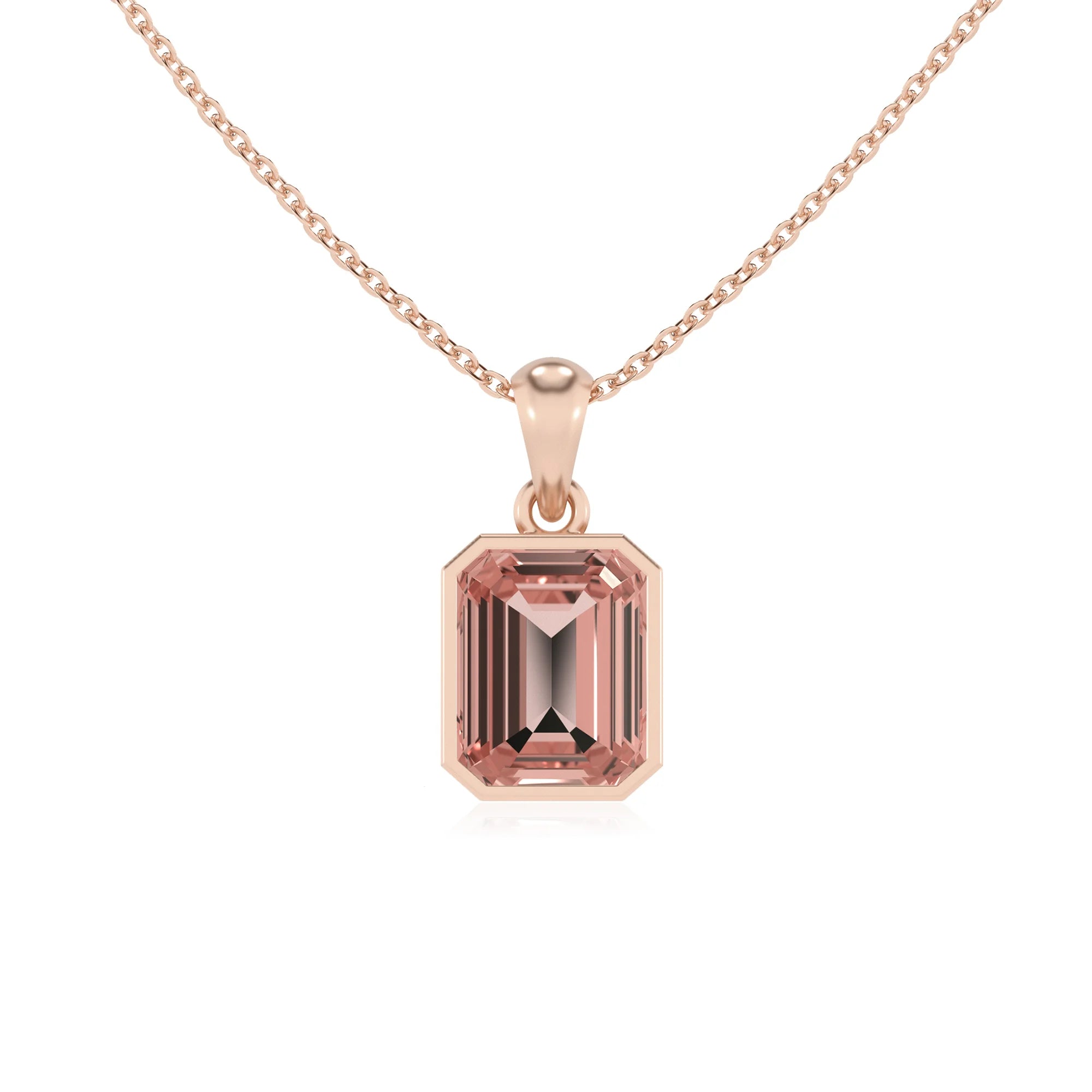 lab grown morganite emerald cut solitaire necklaces in rose gold