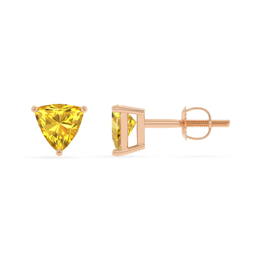lab grown yellow sapphire trillion stud earrings in rose gold