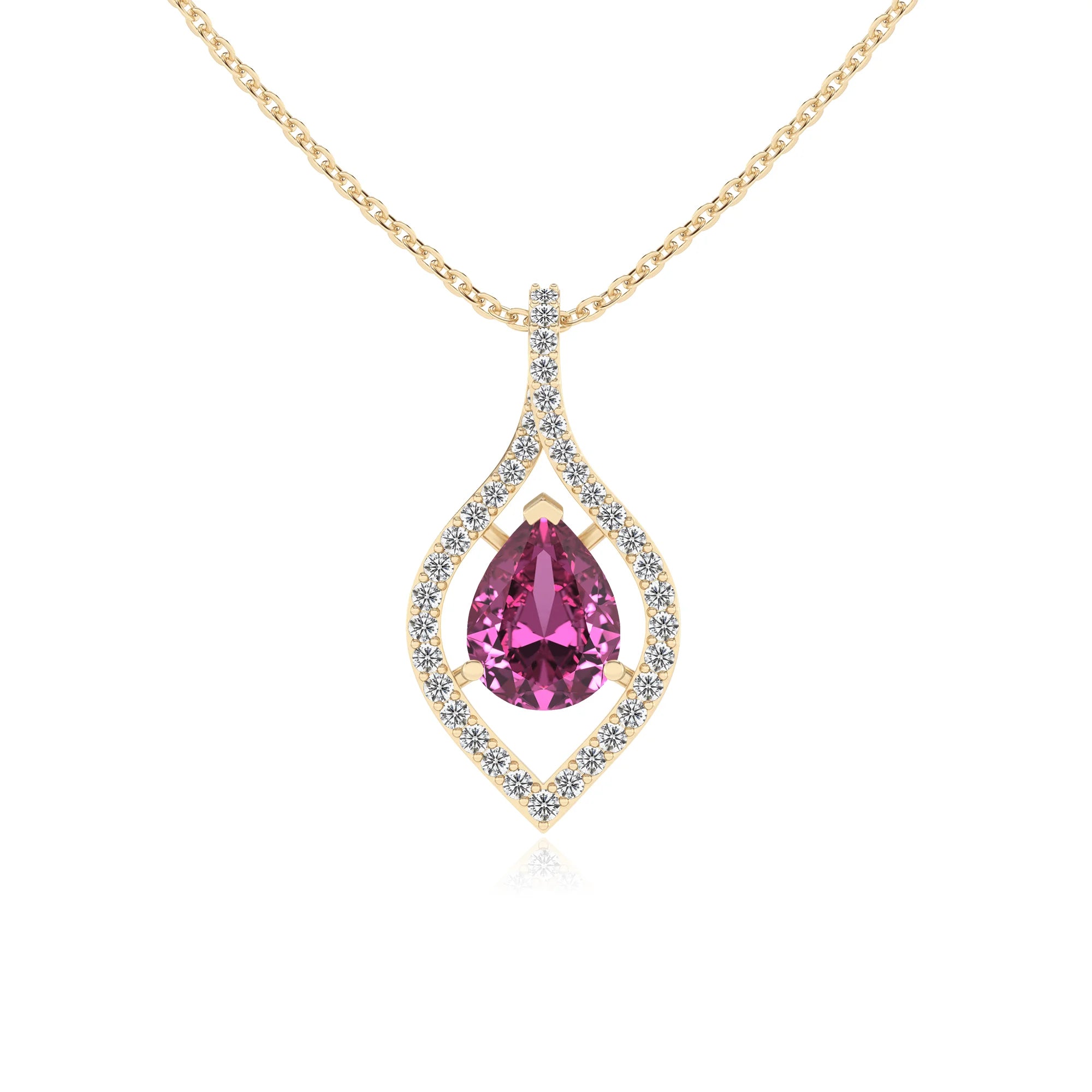 lab grown pink-sapphire pear infinity necklaces in yellow gold