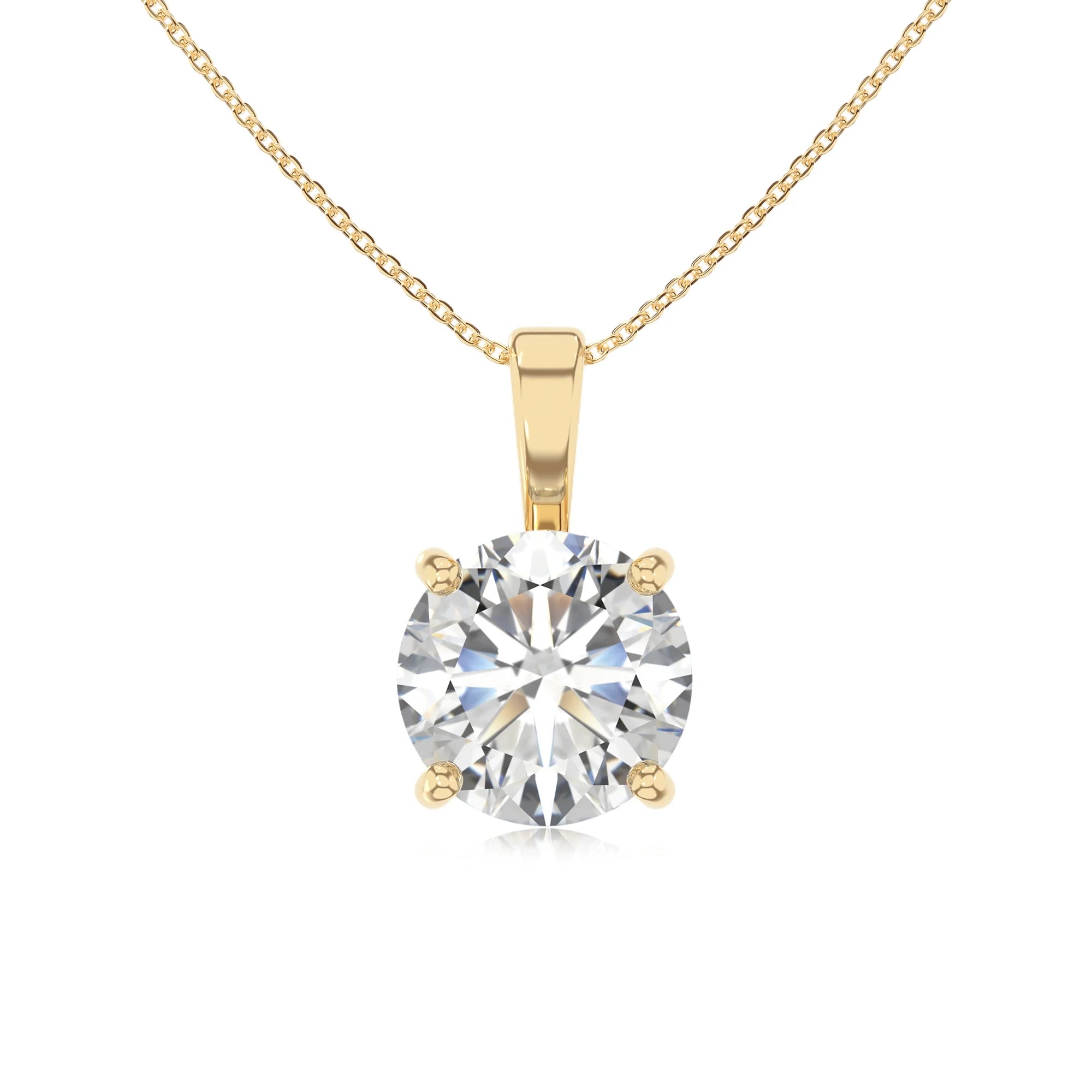 lab grown moissanite round solitaire necklaces in yellow gold