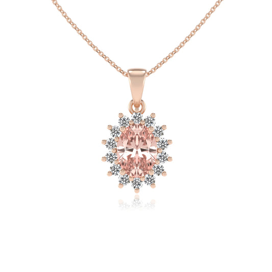 lab grown morganite oval halo necklaces in rose gold