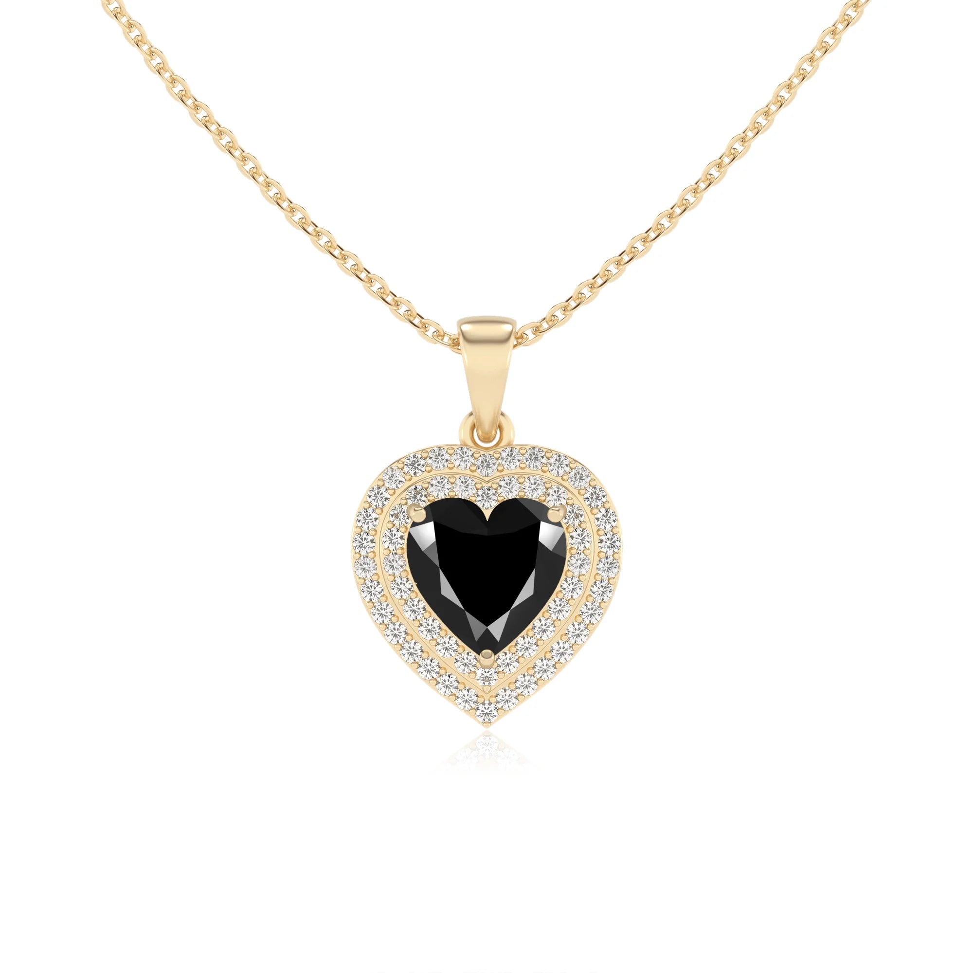 natural black onyx heart halo necklaces in yellow gold