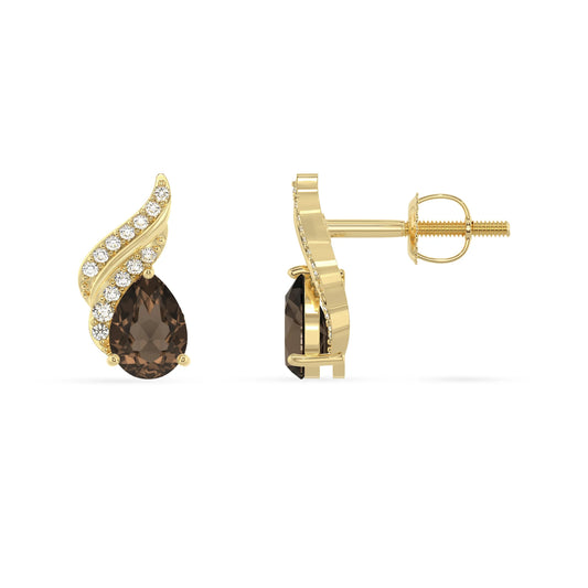 natural smoky quartz pear stud earrings in yellow gold
