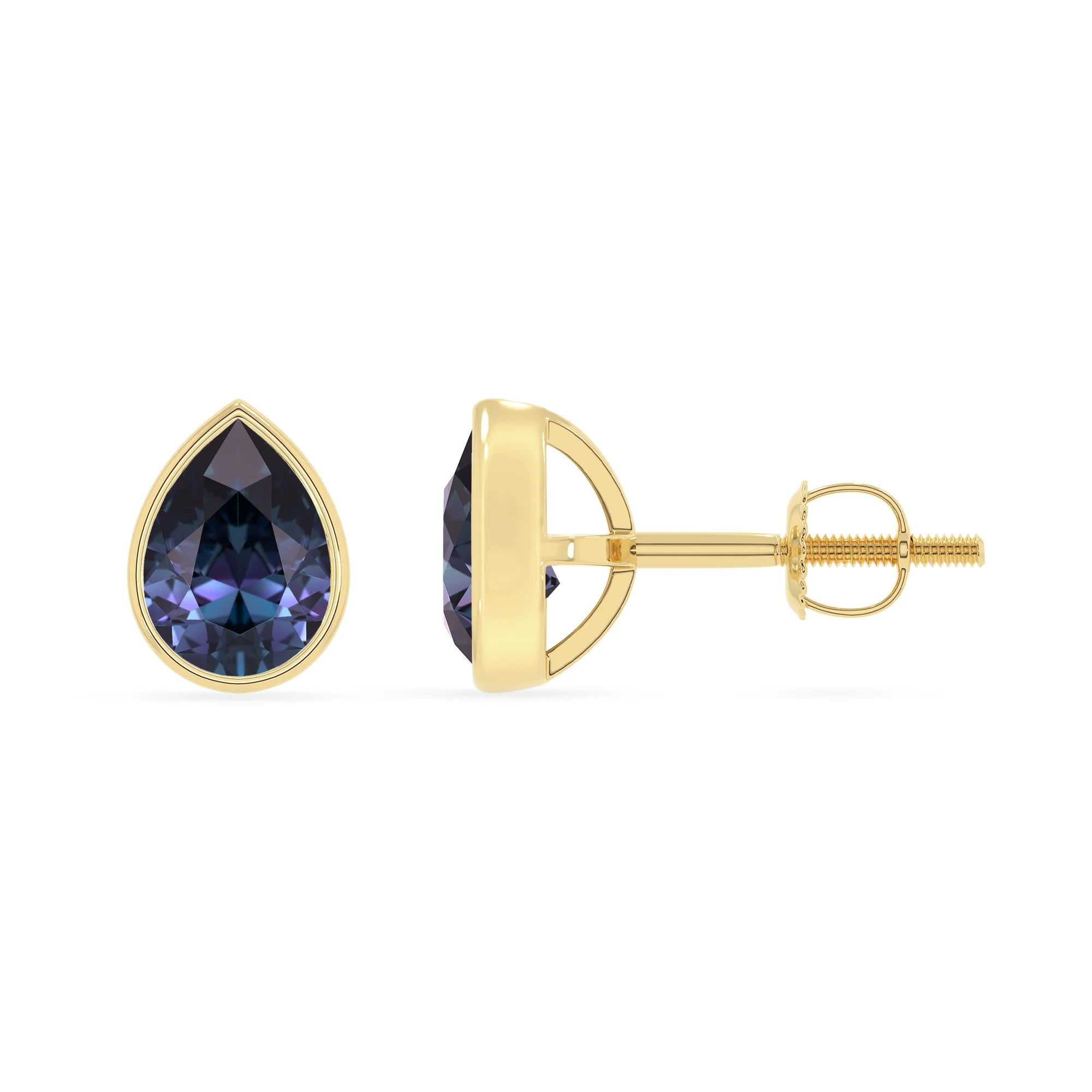 lab grown alexandrite pear stud earrings in yellow gold
