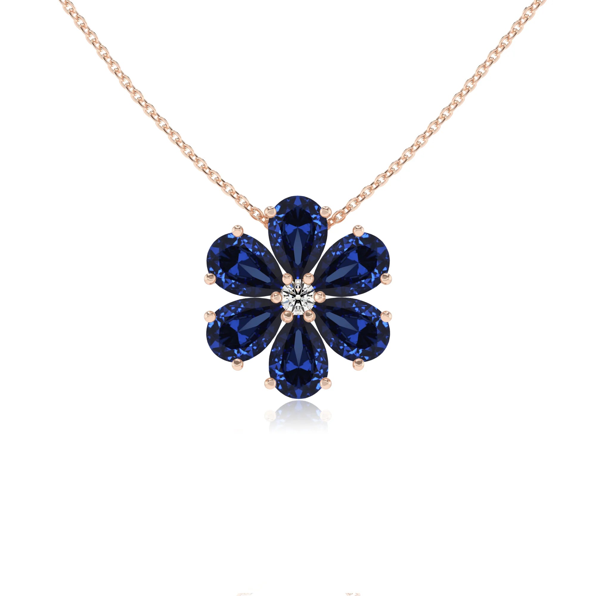 lab grown blue-sapphire pear solitaire necklaces in rose gold