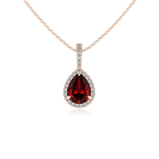 lab grown ruby pear solitaire necklaces in rose gold