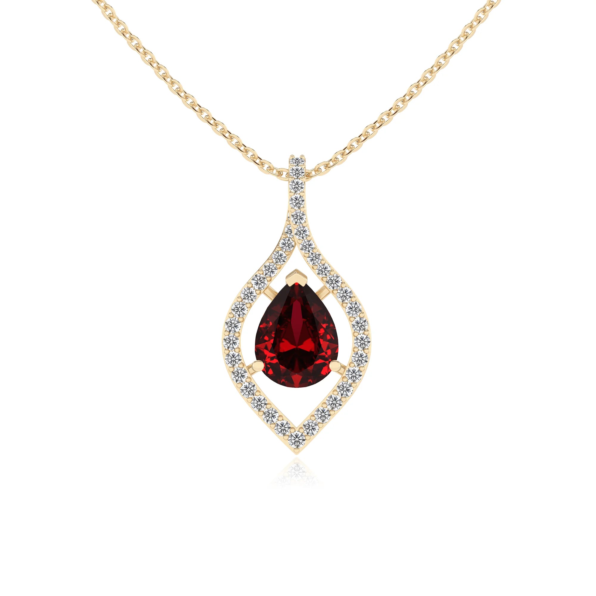 lab grown ruby pear infinity necklaces in yellow gold