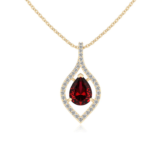 lab grown ruby pear infinity necklaces in yellow gold