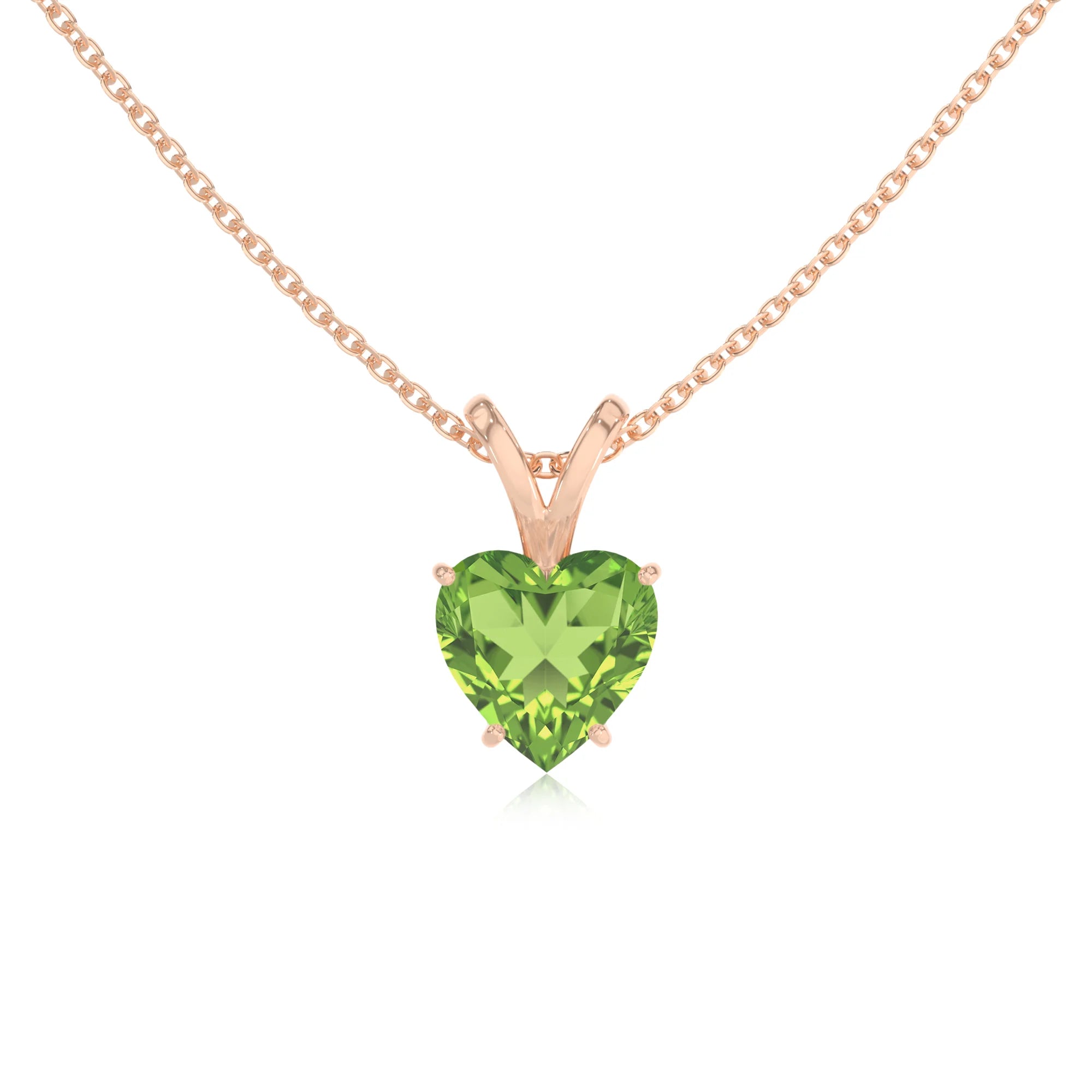 natural peridot heart solitaire v-bale necklaces in rose gold