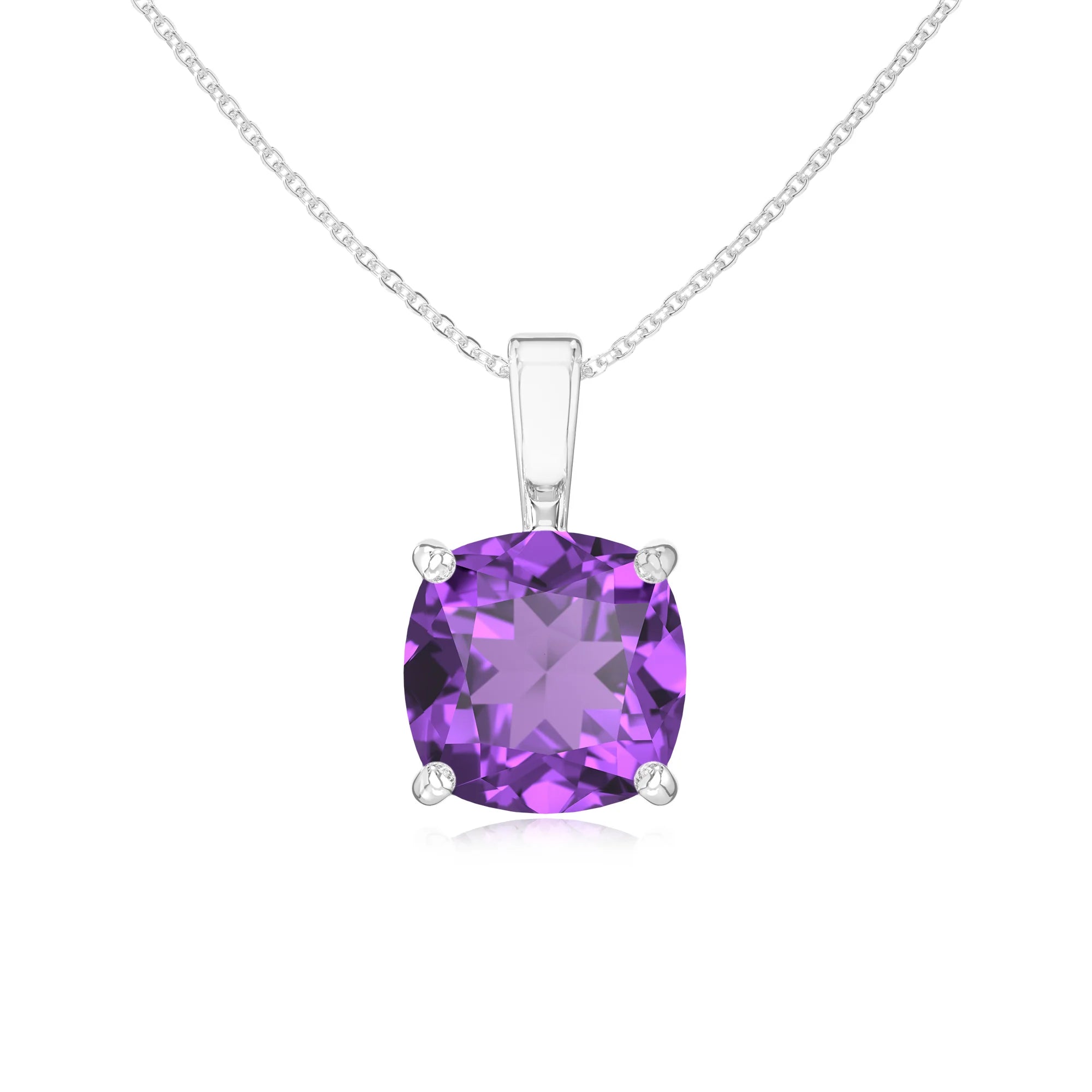 lab grown amethyst cushion solitaire necklaces in sterling silver