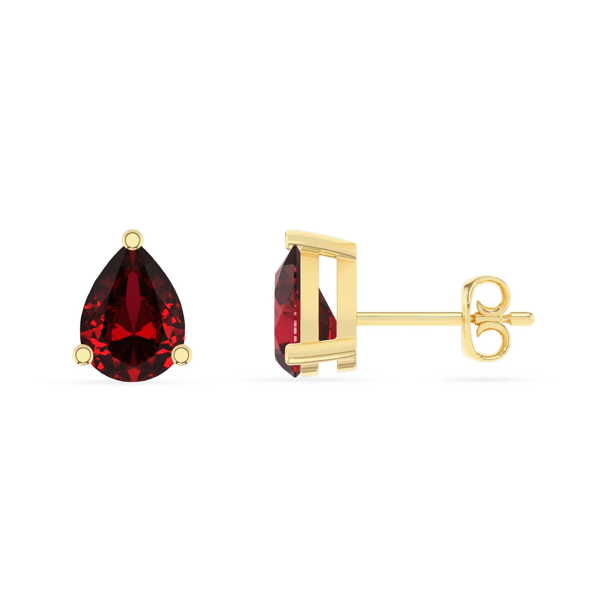 lab grown ruby pear stud earrings in yellow gold