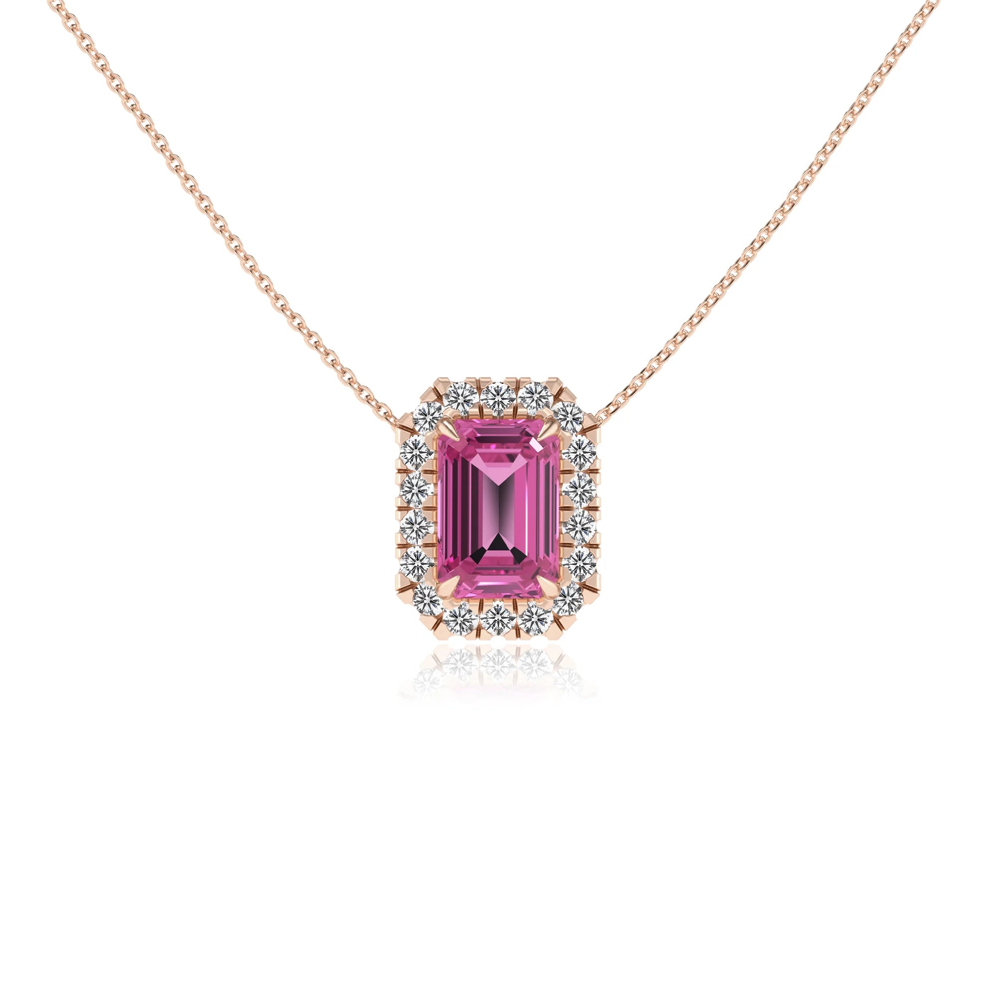 lab grown pink sapphire emerald cut solitaire necklaces in rose gold